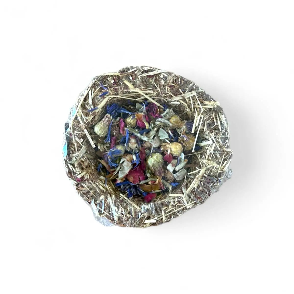 Knabbernapf aus Timothy-Heu mit Rose und Kornblume