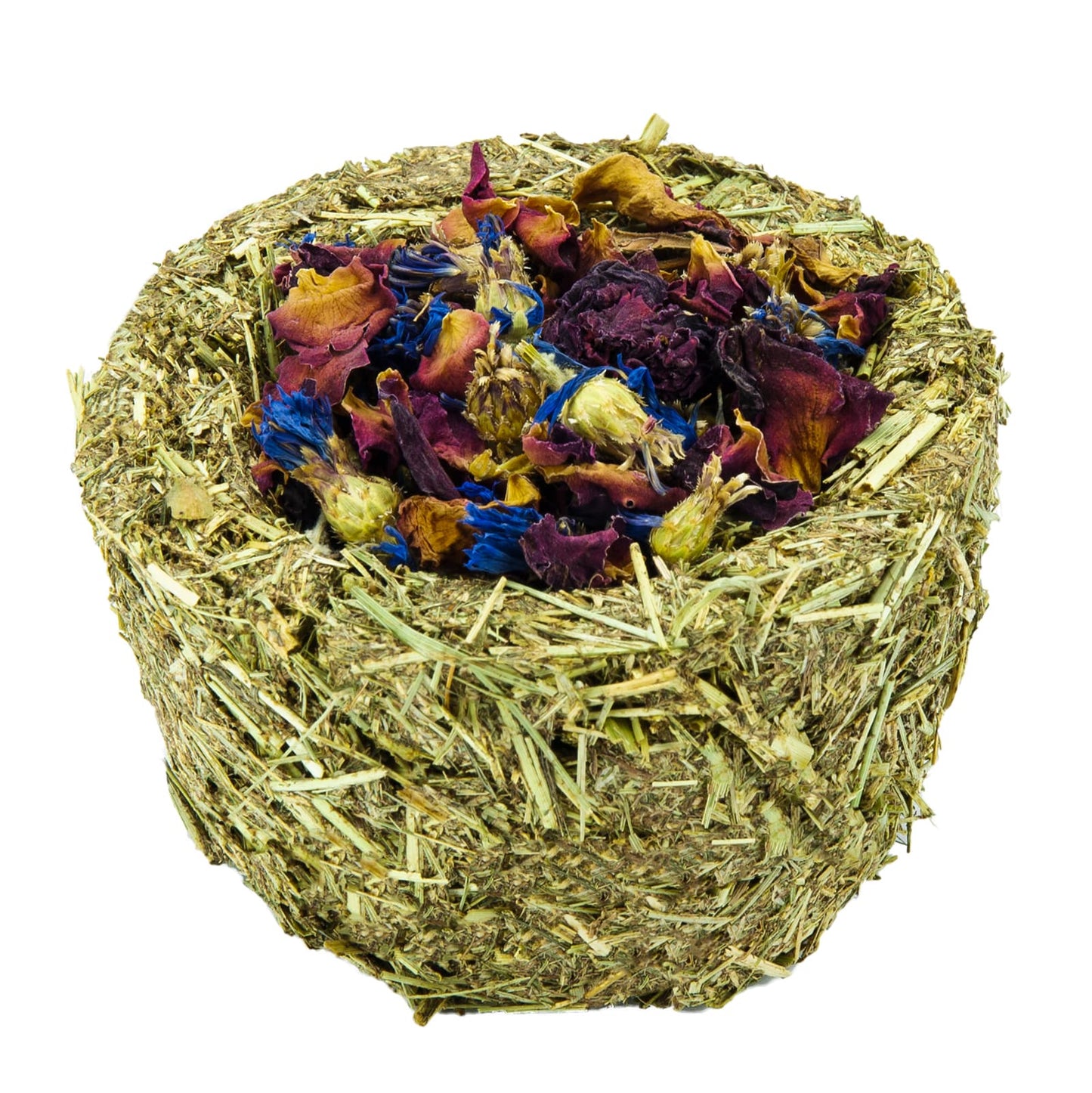 Knabbernapf aus Timothy-Heu mit Rose und Kornblume