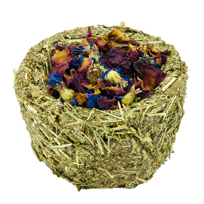 Knabbernapf aus Timothy-Heu mit Rose und Kornblume